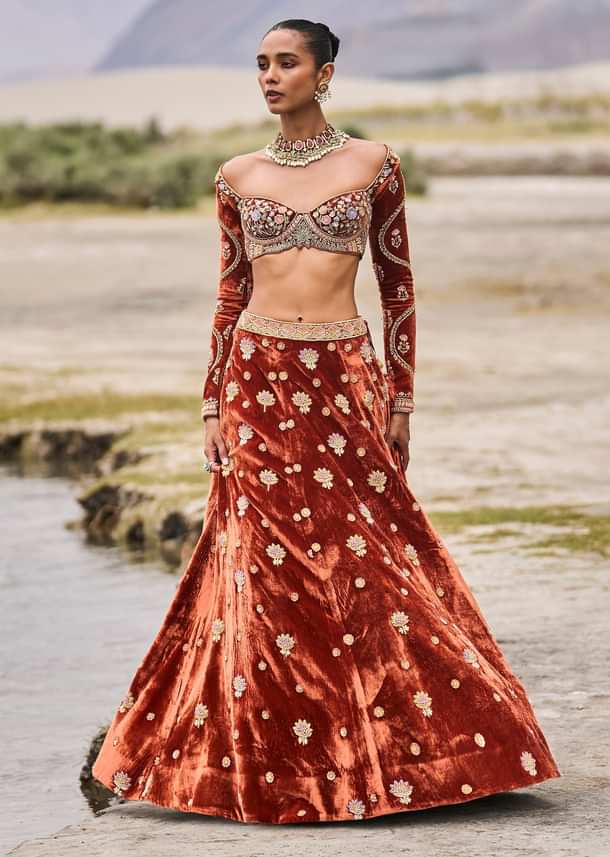 Rust Embroidered Velvet Lehenga And Blouse With Dupatta