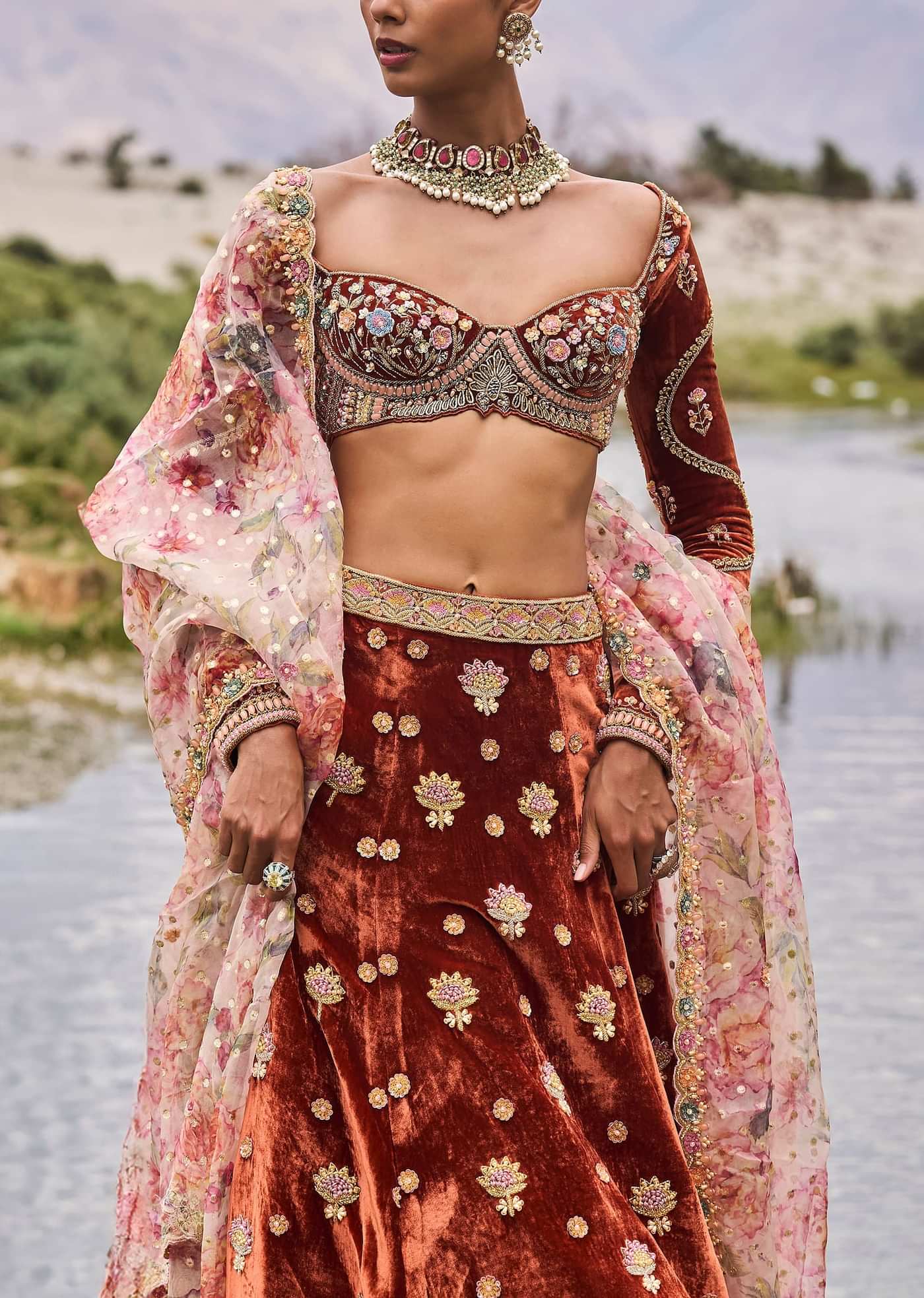 Rust Embroidered Velvet Lehenga And Blouse With Dupatta