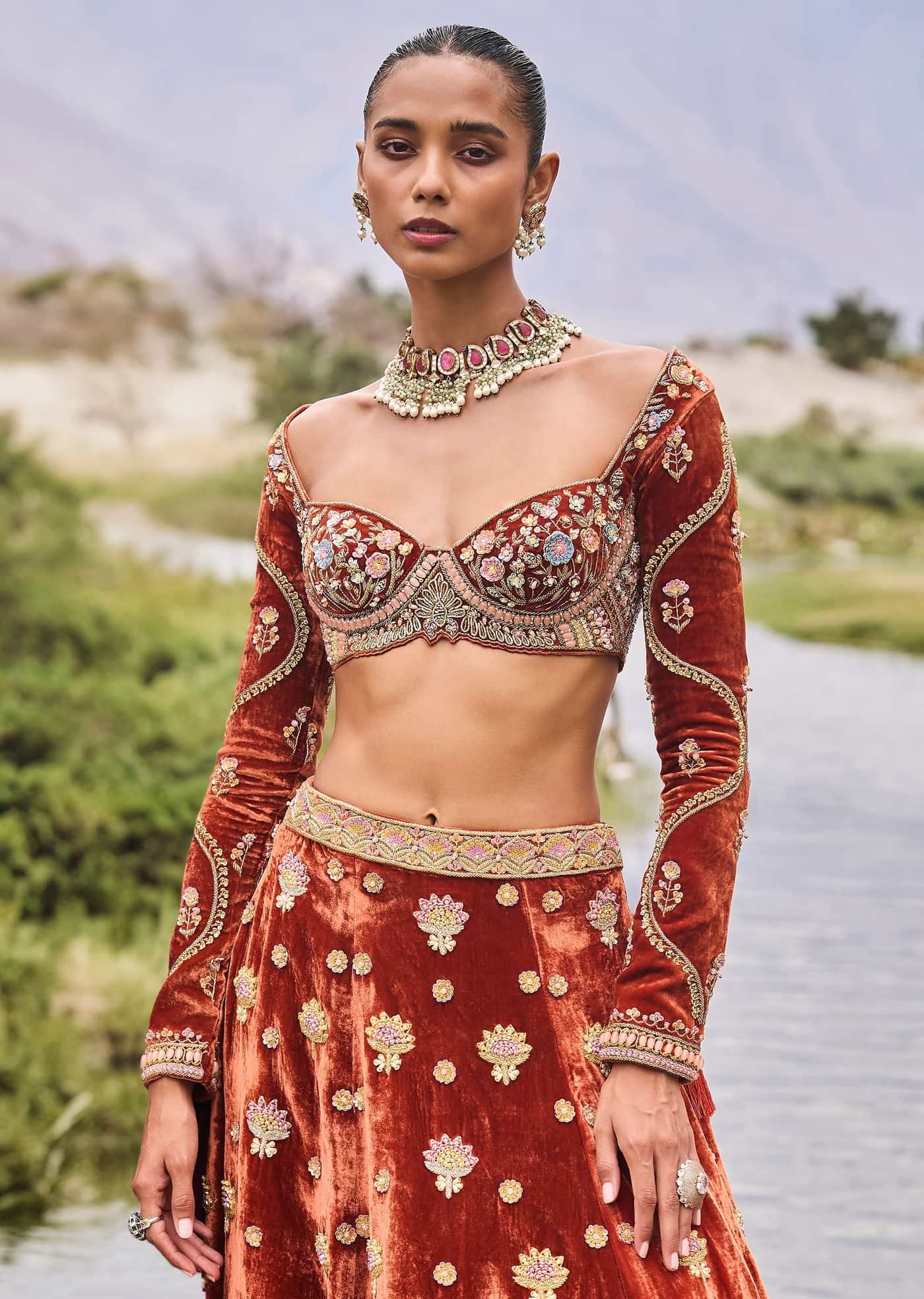 Rust Embroidered Velvet Lehenga And Blouse With Dupatta