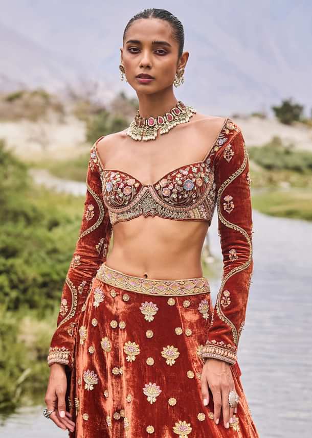 Rust Embroidered Velvet Lehenga And Blouse With Dupatta