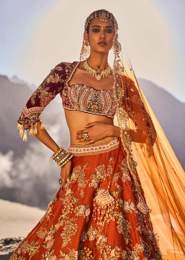 Rust Floral Embroidered Lehenga Set With Two Bordered Dupattas