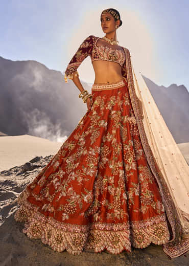 Rust Floral Embroidered Lehenga Set With Two Bordered Dupattas