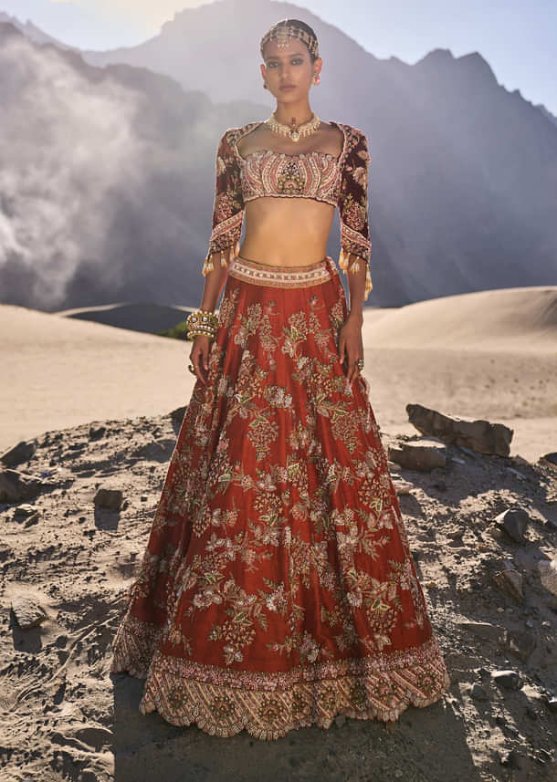 Rust Floral Embroidered Lehenga Set With Two Bordered Dupattas