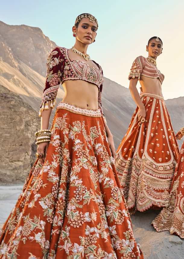Rust Floral Embroidered Lehenga Set With Two Bordered Dupattas