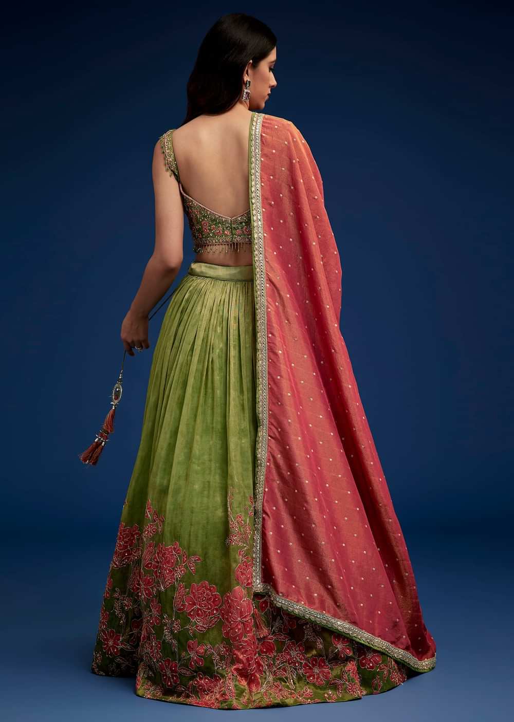 Rust Green Embroidered Lehenga Choli Set With Dupatta