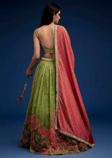 Rust Green Embroidered Lehenga Choli Set With Dupatta