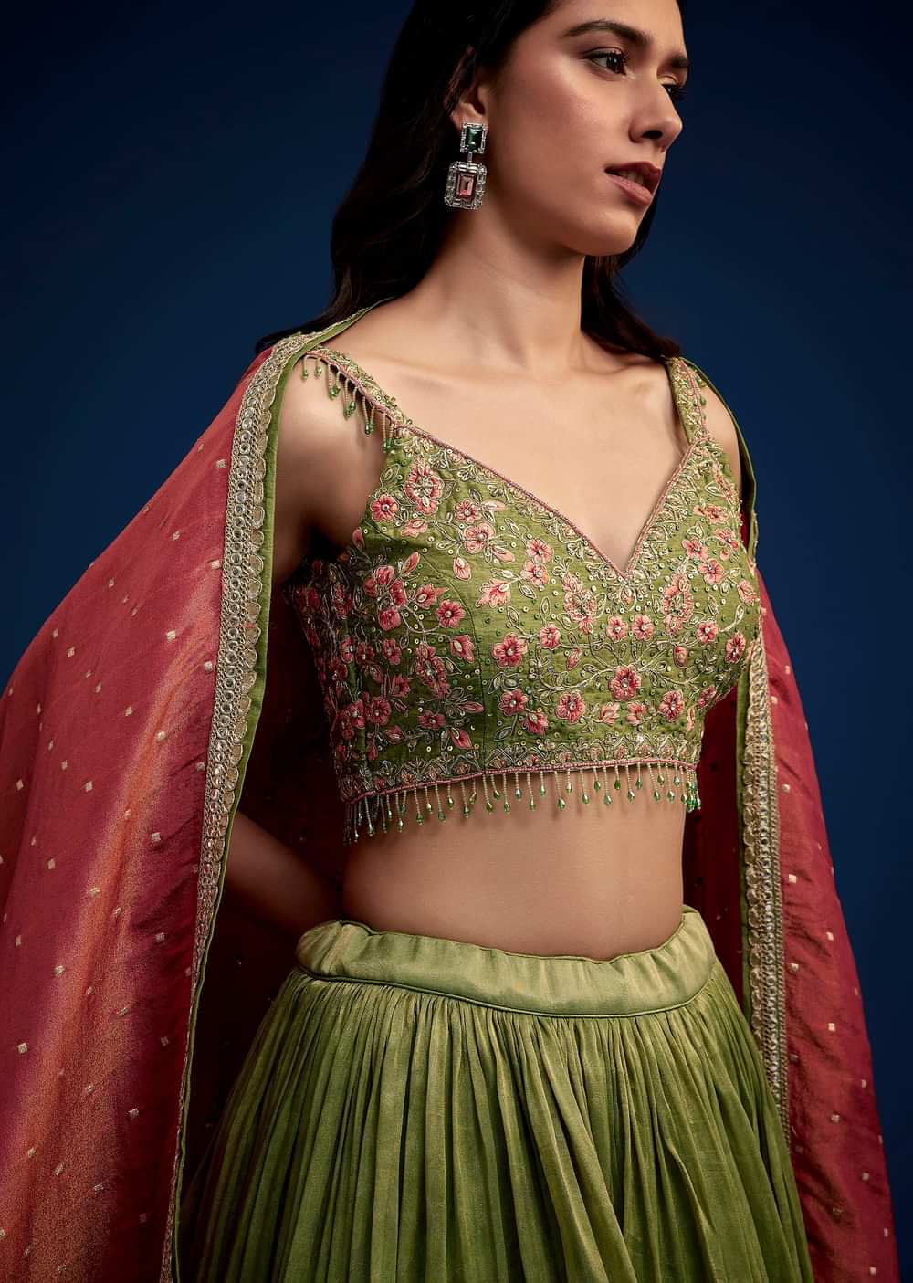 Rust Green Embroidered Lehenga Choli Set With Dupatta