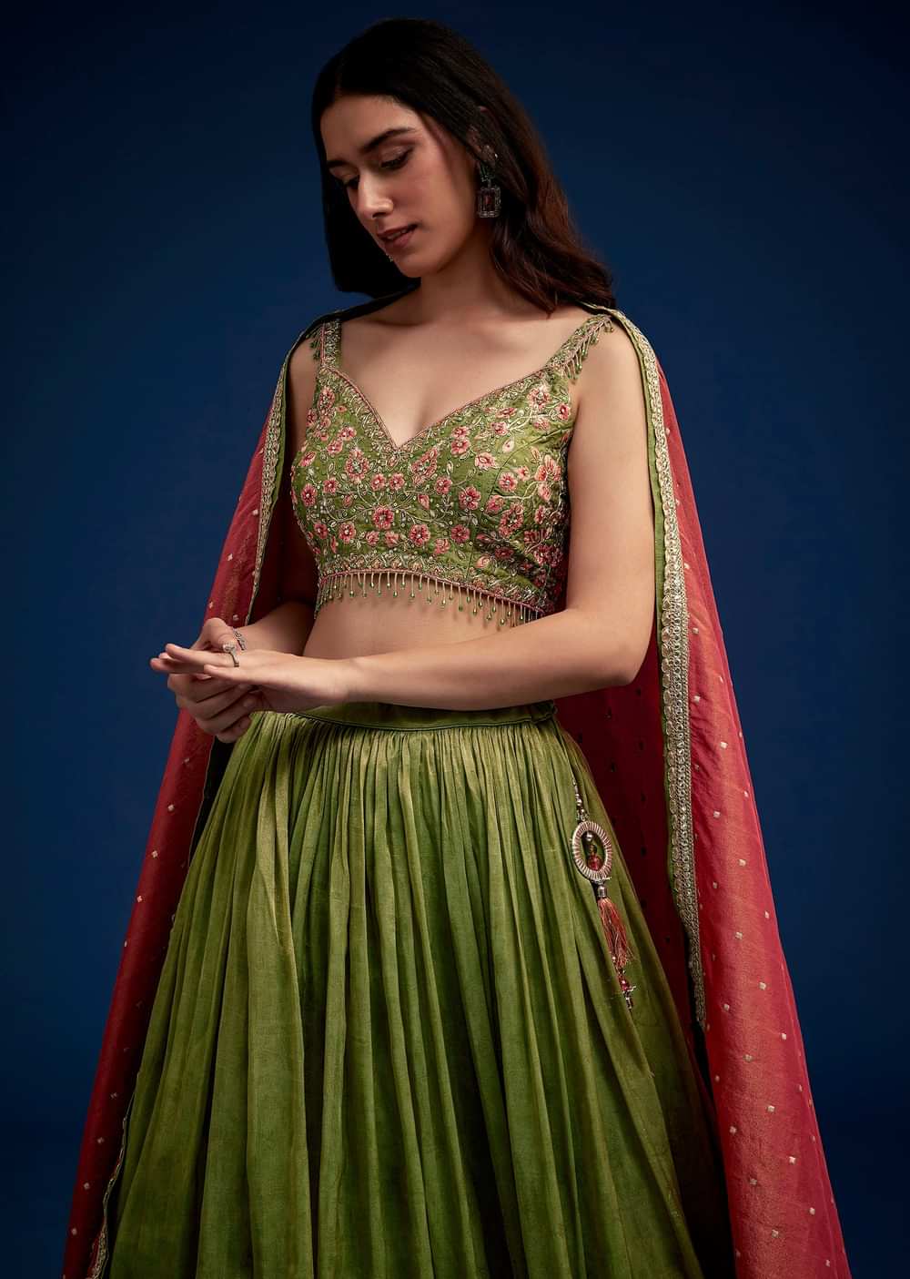 Rust Green Embroidered Lehenga Choli Set With Dupatta