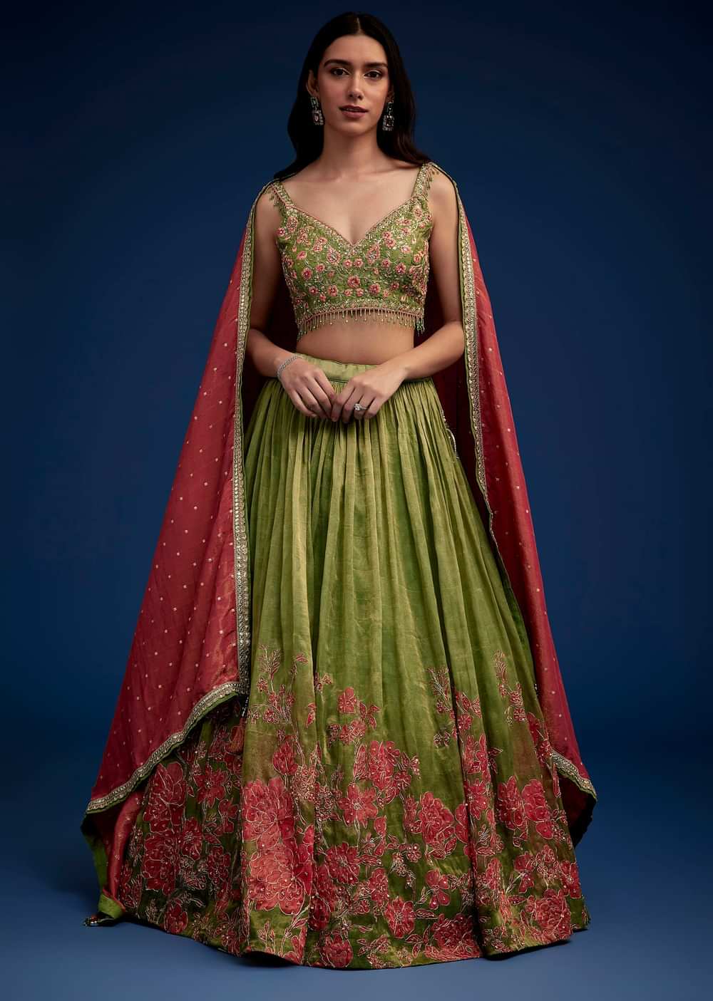 Rust Green Embroidered Lehenga Choli Set With Dupatta