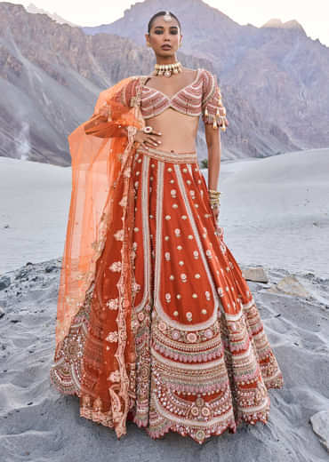 Rust Lehenga With Moti Embroidered Two Dupattas