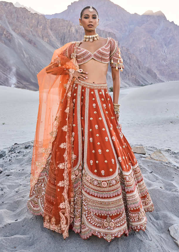 Rust Lehenga With Moti Embroidered Two Dupattas