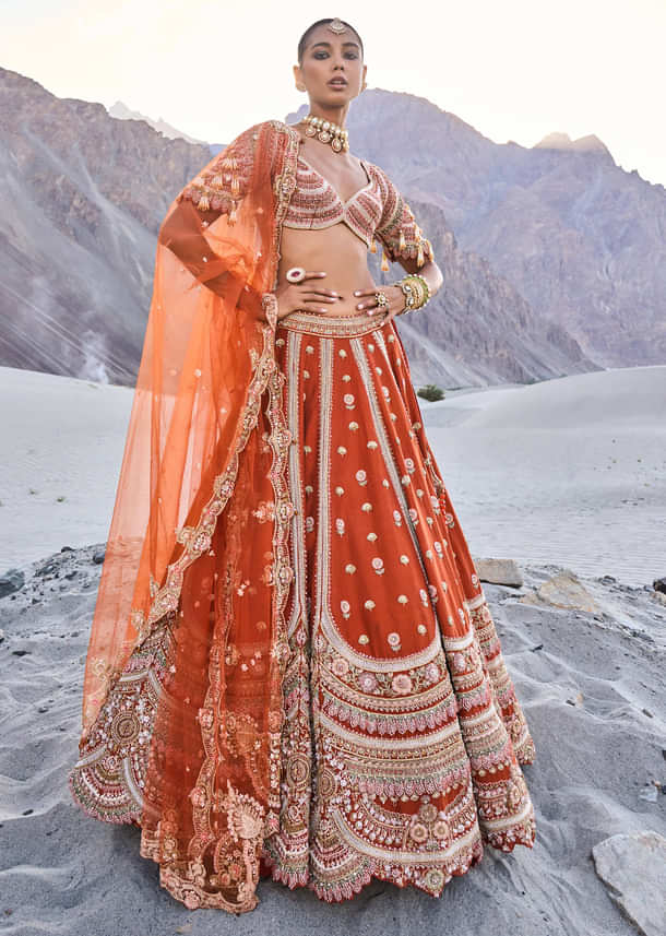 Rust Lehenga With Moti Embroidered Two Dupattas