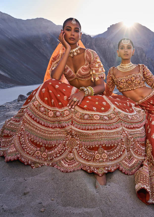 Rust Lehenga With Moti Embroidered Two Dupattas