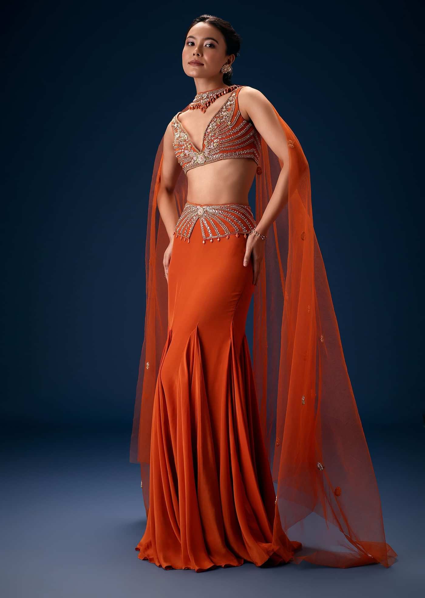 Rust Mermaid Symmetric Belt Skirt With Blouse And Choker