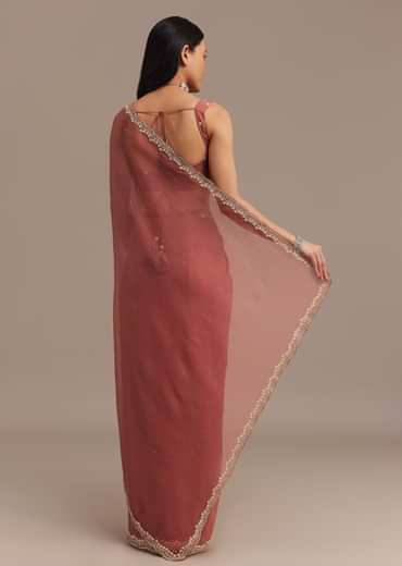 Rust Orange Crushed Tissue Saree With Stone And Cutdana Embellished Border