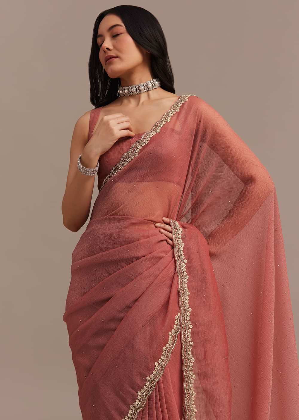 Rust Orange Crushed Tissue Saree With Stone And Cutdana Embellished Border