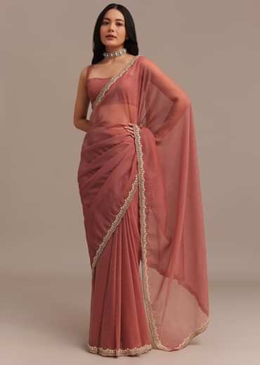 Rust Orange Crushed Tissue Saree With Stone And Cutdana Embellished Border