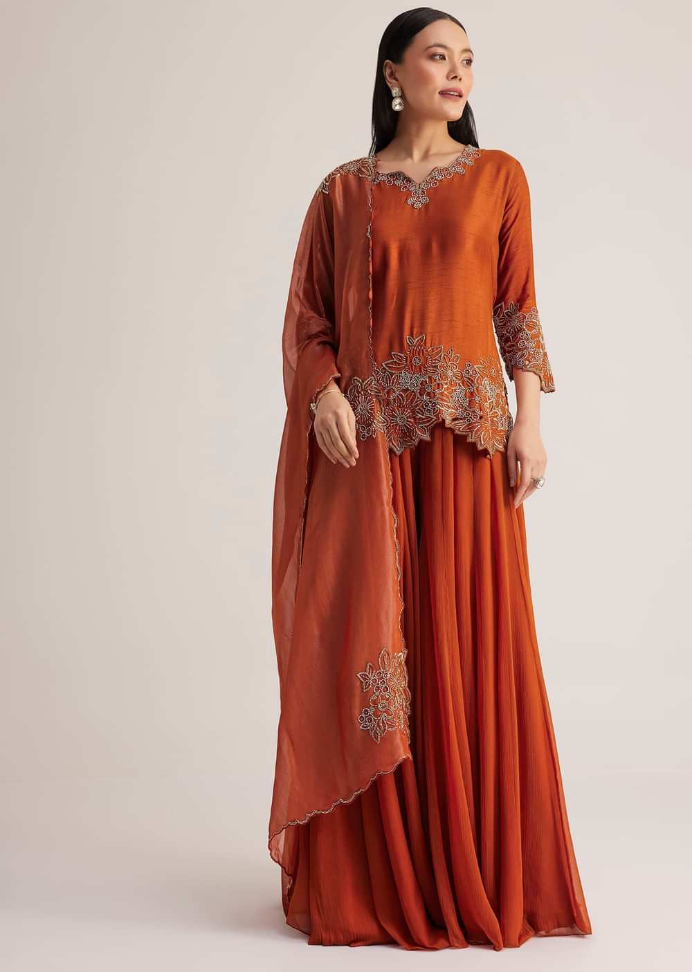 Rust Orange Palazzo Suit With Cutwork Detailing