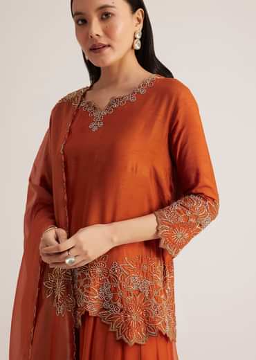 Rust Orange Palazzo Suit With Cutwork Detailing