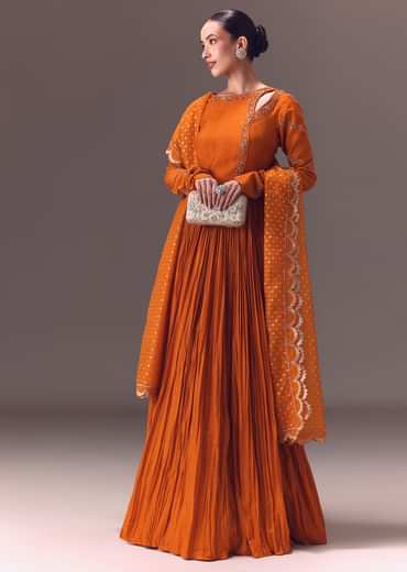 Rust Orange Ruched Embroidered Anarkali With Dupatta
