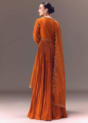 Rust Orange Ruched Embroidered Anarkali With Dupatta