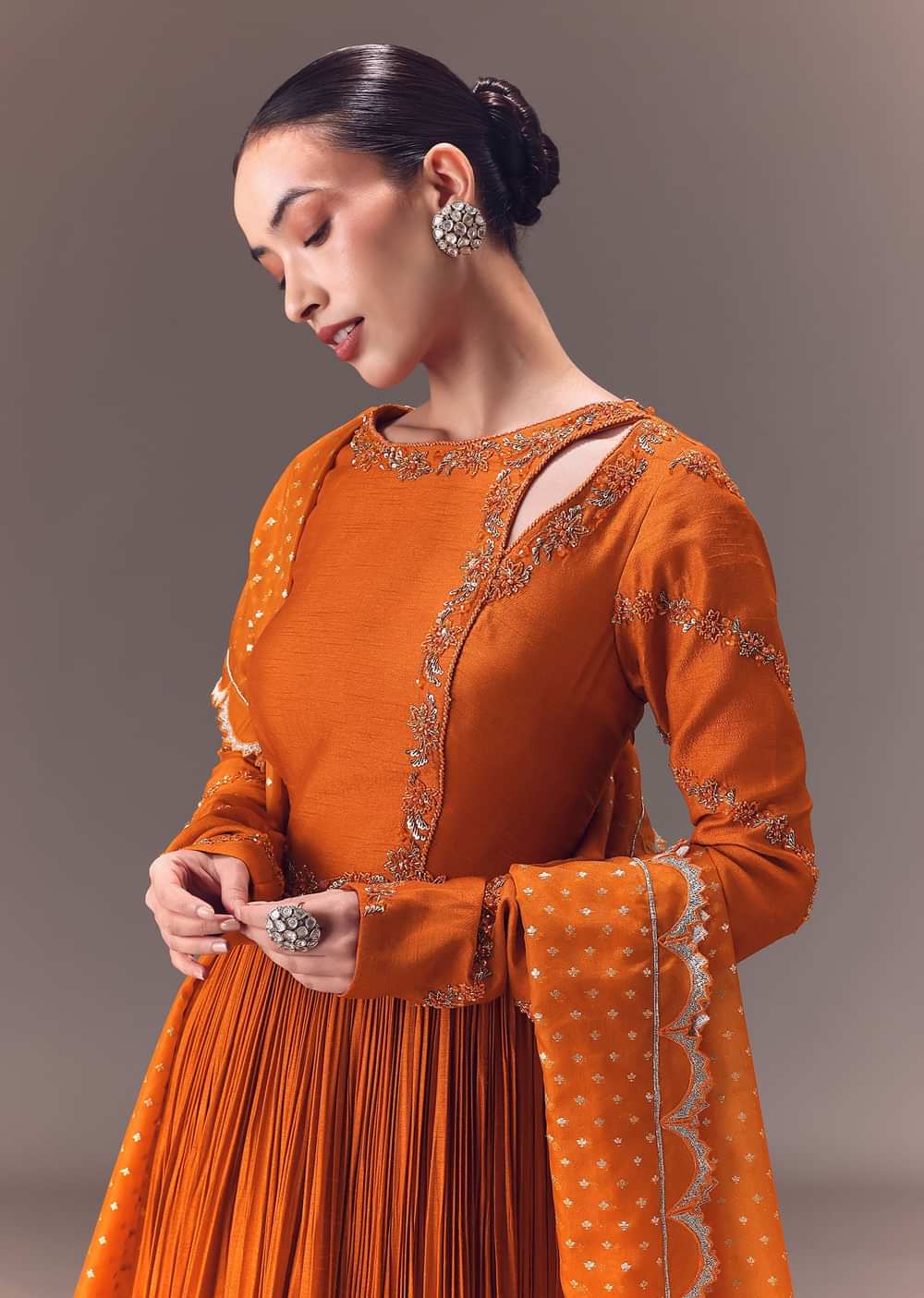 Rust Orange Ruched Embroidered Anarkali With Dupatta