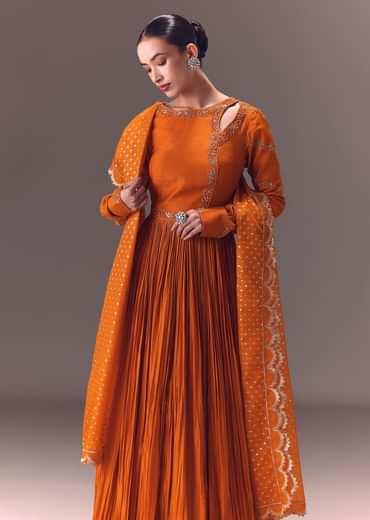 Rust Orange Ruched Embroidered Anarkali With Dupatta