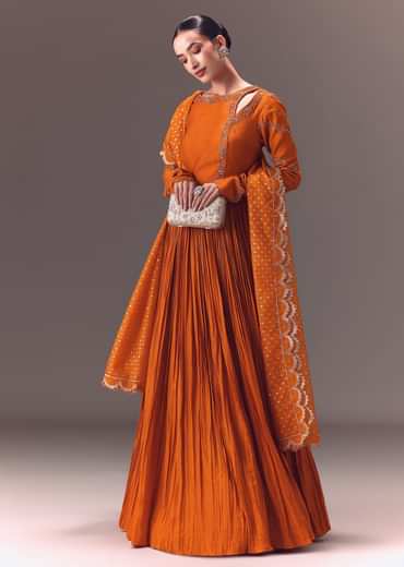Rust Orange Ruched Embroidered Anarkali With Dupatta