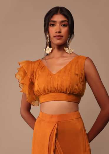 Rust Orange Saree With Fancy Ruffle Blouse And Embroidered Belt