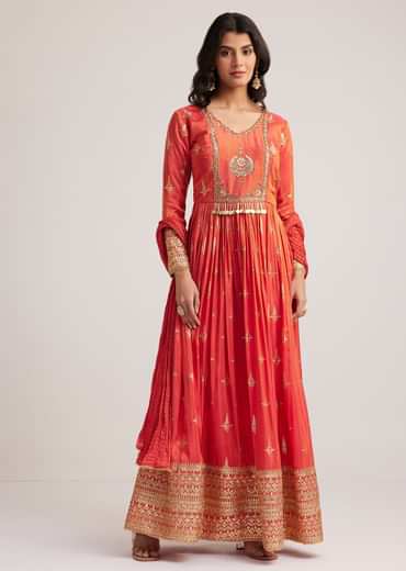 Rust Orange Tissue Anarkali Set With Gotta Work