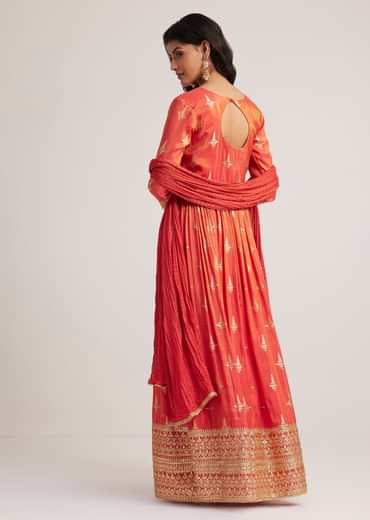 Rust Orange Tissue Anarkali Set With Gotta Work