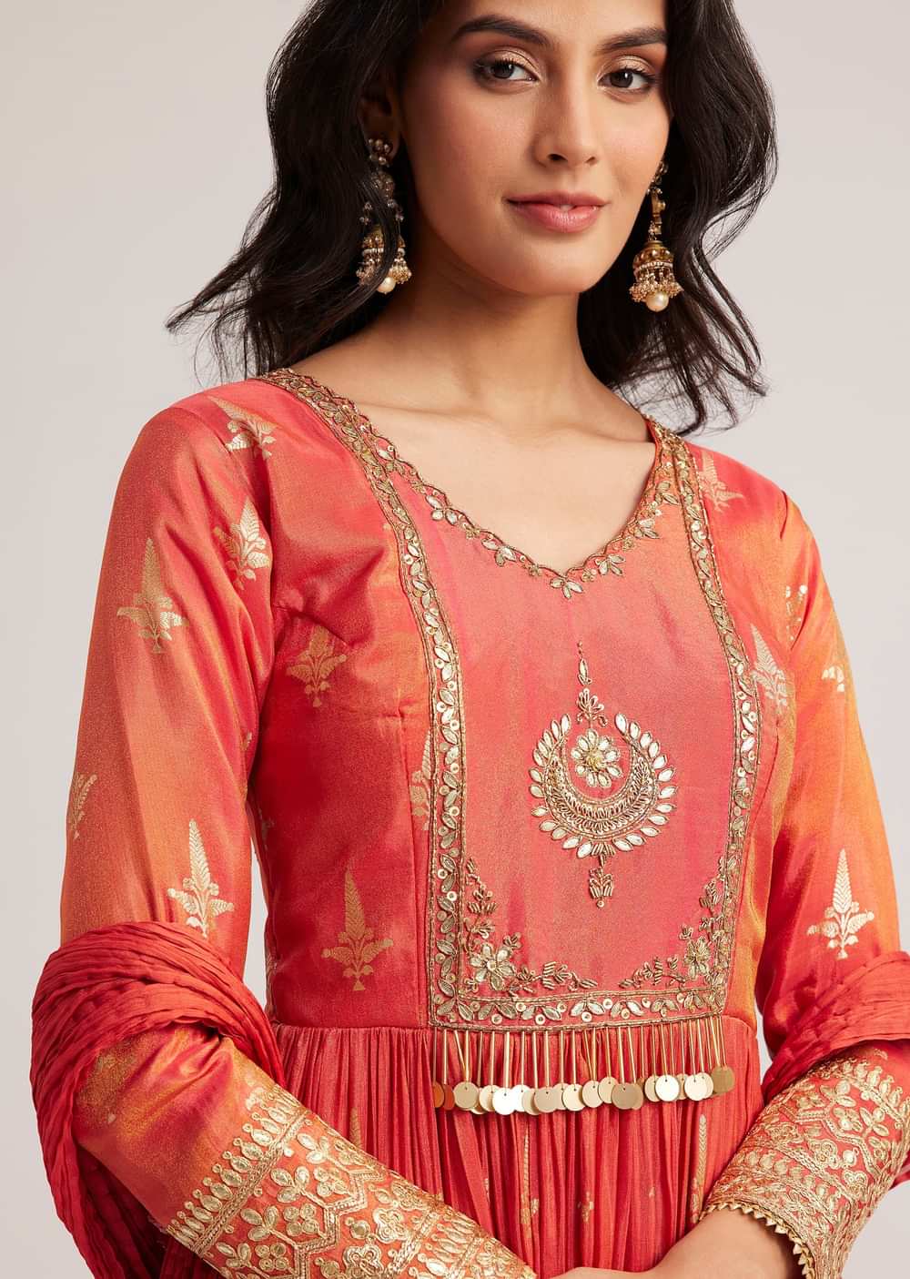 Rust Orange Tissue Anarkali Set With Gotta Work