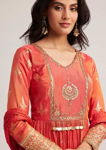 Rust Orange Tissue Anarkali Set With Gotta Work