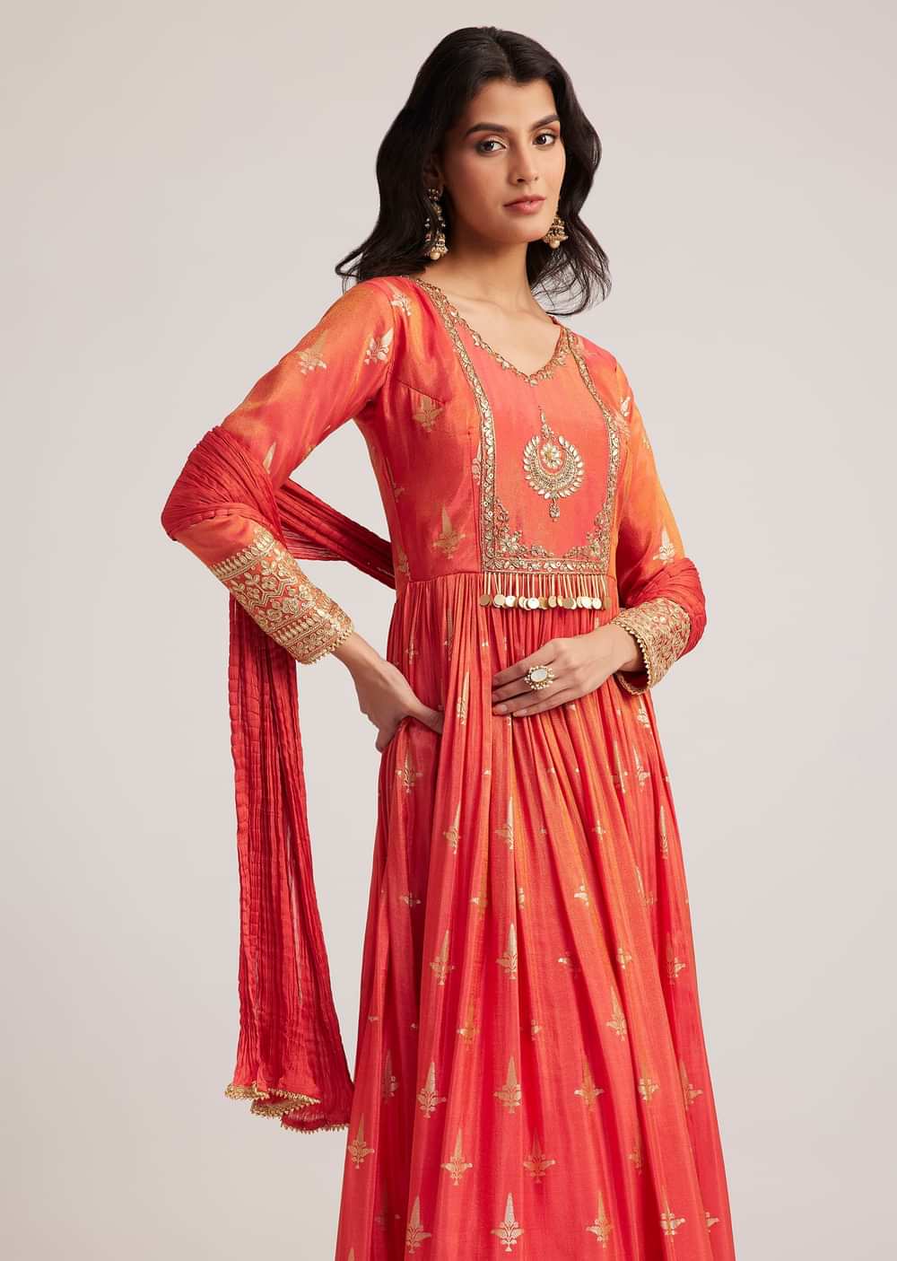 Rust Orange Tissue Anarkali Set With Gotta Work