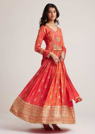 Rust Orange Tissue Anarkali Set With Gotta Work