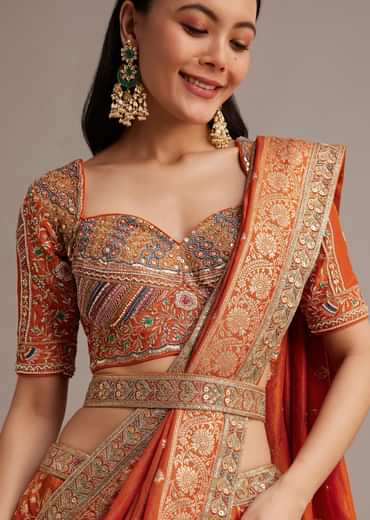 Rust Orange Tissue Lehenga Set With Resham Zari And Sequins Work