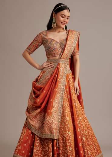 Rust Orange Tissue Lehenga Set With Resham Zari And Sequins Work