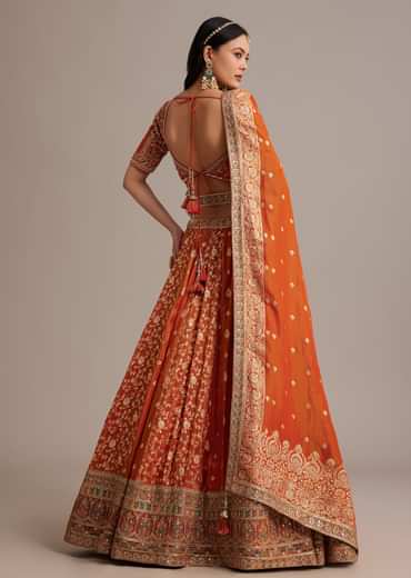 Rust Orange Tissue Lehenga Set With Resham Zari And Sequins Work