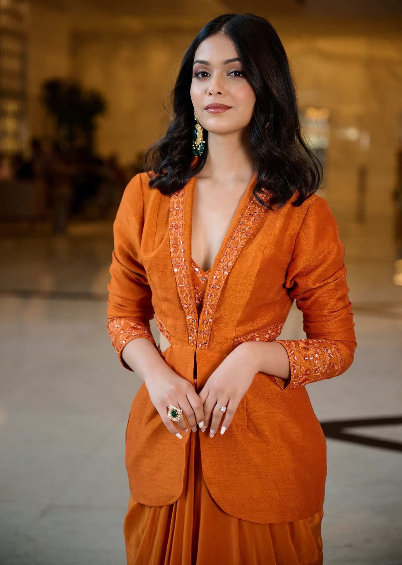 Rust Organza Jacket With Bustier And Draped Skirt