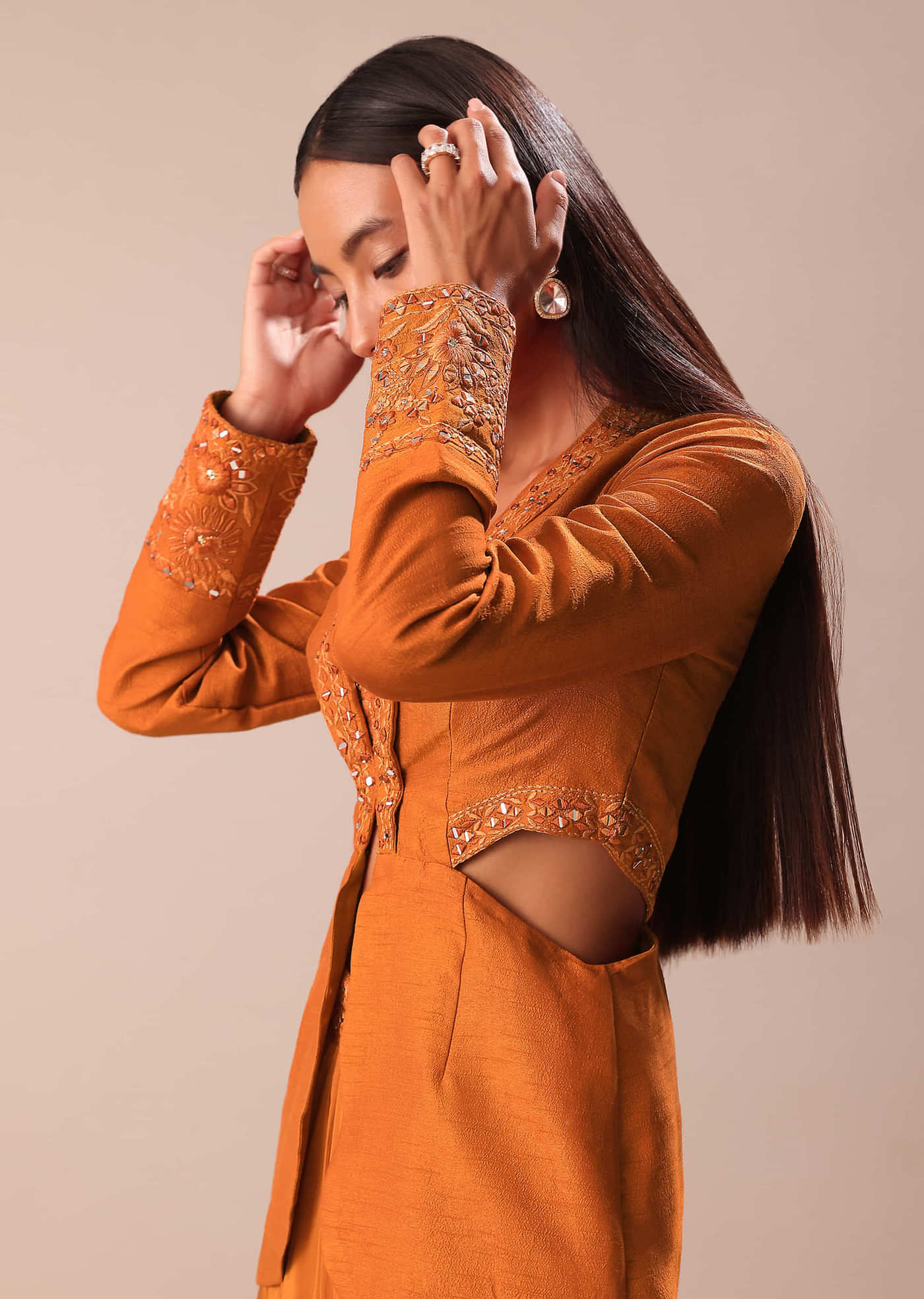 Rust Organza Jacket With Bustier And Draped Skirt