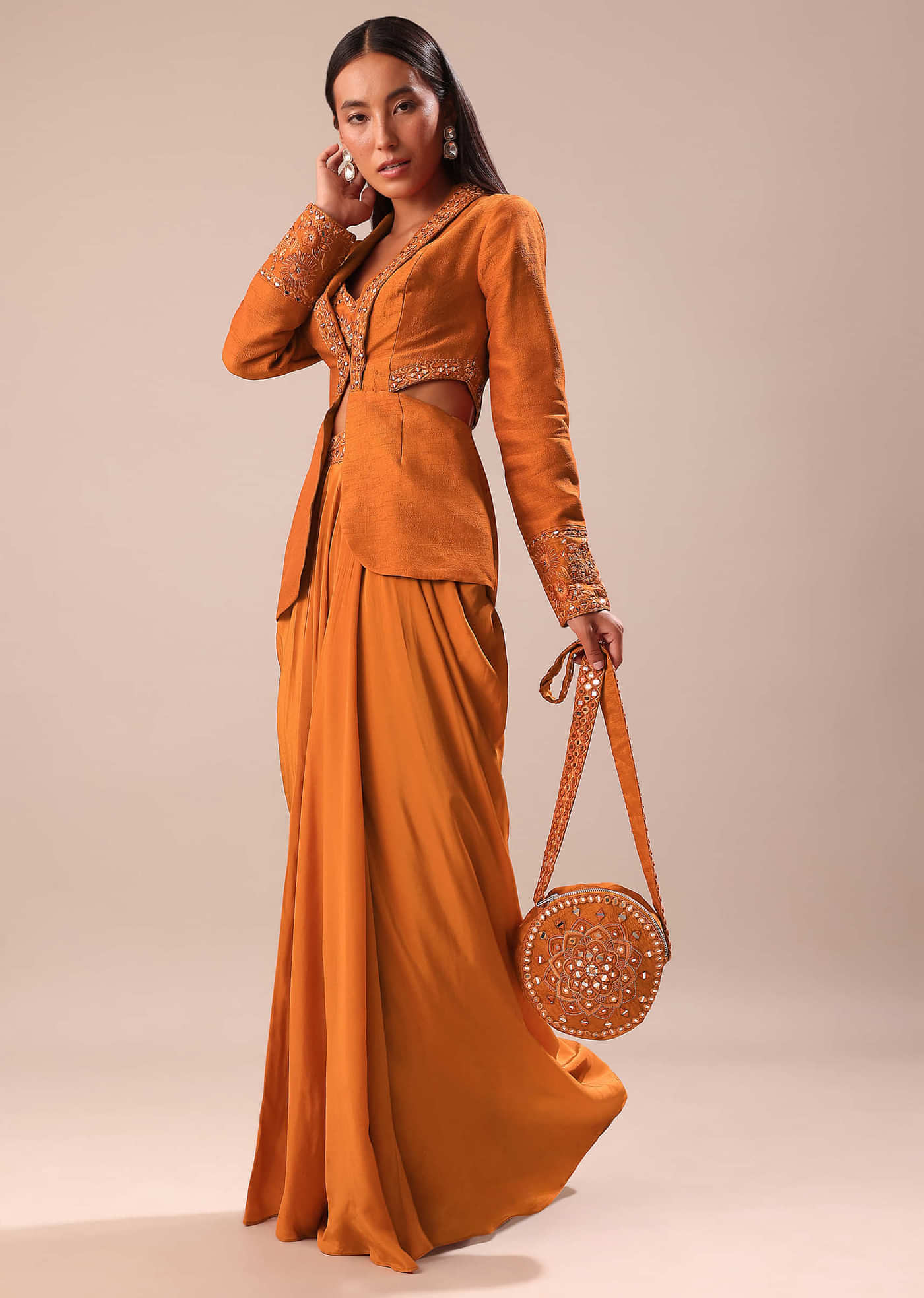 Rust Organza Jacket With Bustier And Draped Skirt