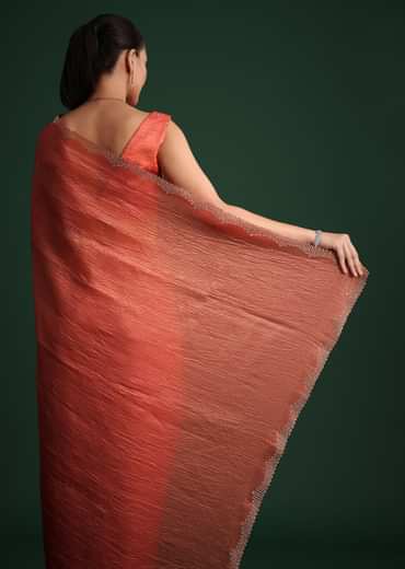Rust Pink Crushed Tissue Saree With Diamond Work Border