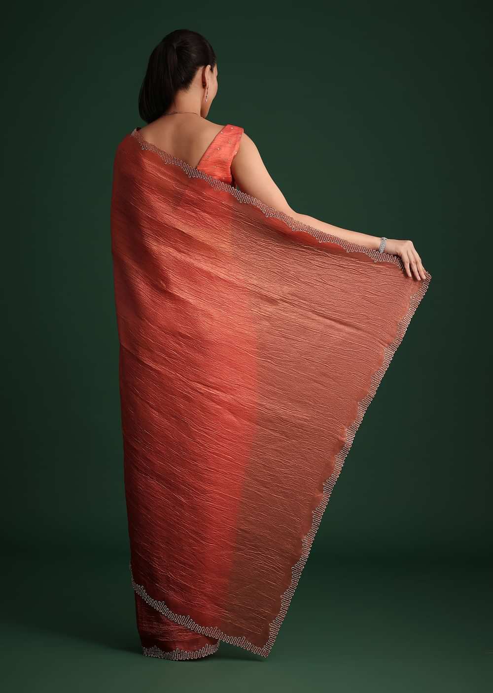 Rust Pink Crushed Tissue Saree With Diamond Work Border