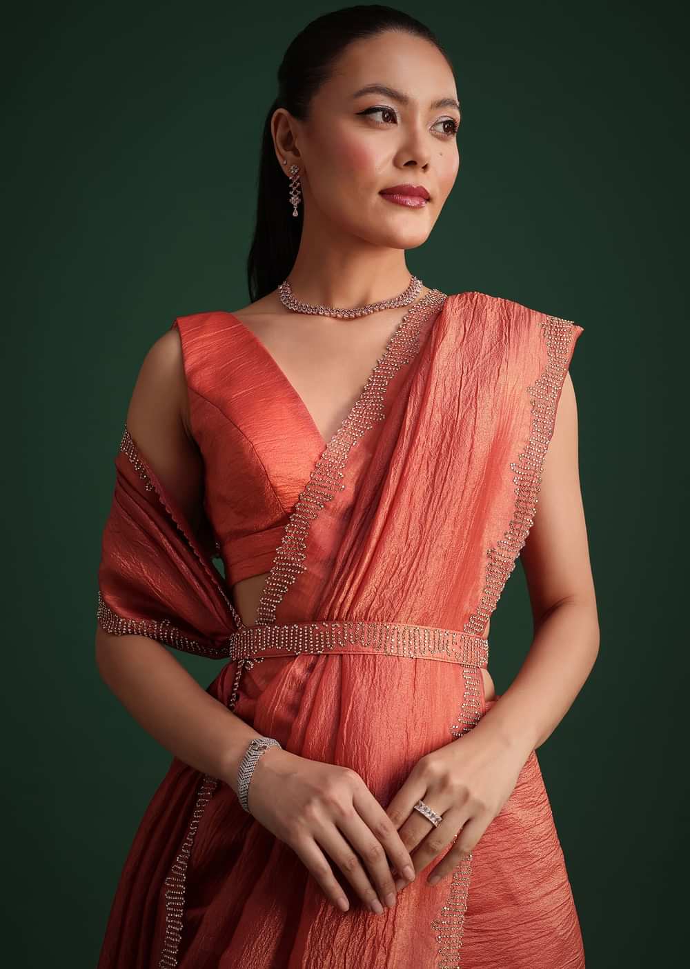 Rust Pink Crushed Tissue Saree With Diamond Work Border