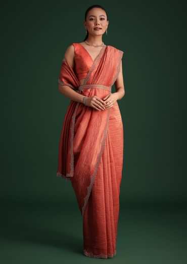 Rust Pink Crushed Tissue Saree With Diamond Work Border