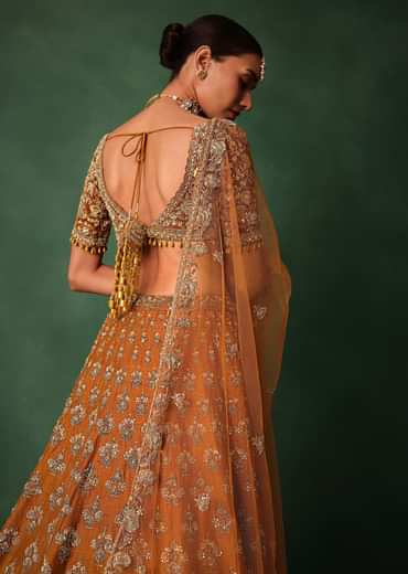 Rust Raw Silk Zardosi Embroidered Bridal Lehenga With Dupatta