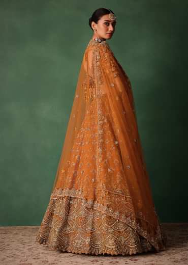 Rust Raw Silk Zardosi Embroidered Bridal Lehenga With Dupatta