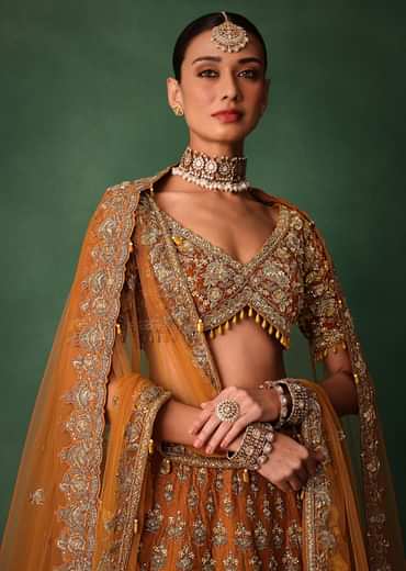 Rust Raw Silk Zardosi Embroidered Bridal Lehenga With Dupatta
