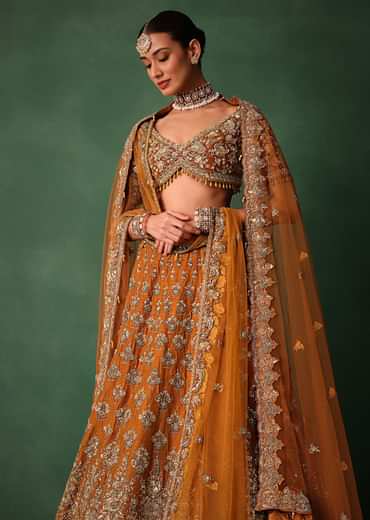 Rust Raw Silk Zardosi Embroidered Bridal Lehenga With Dupatta