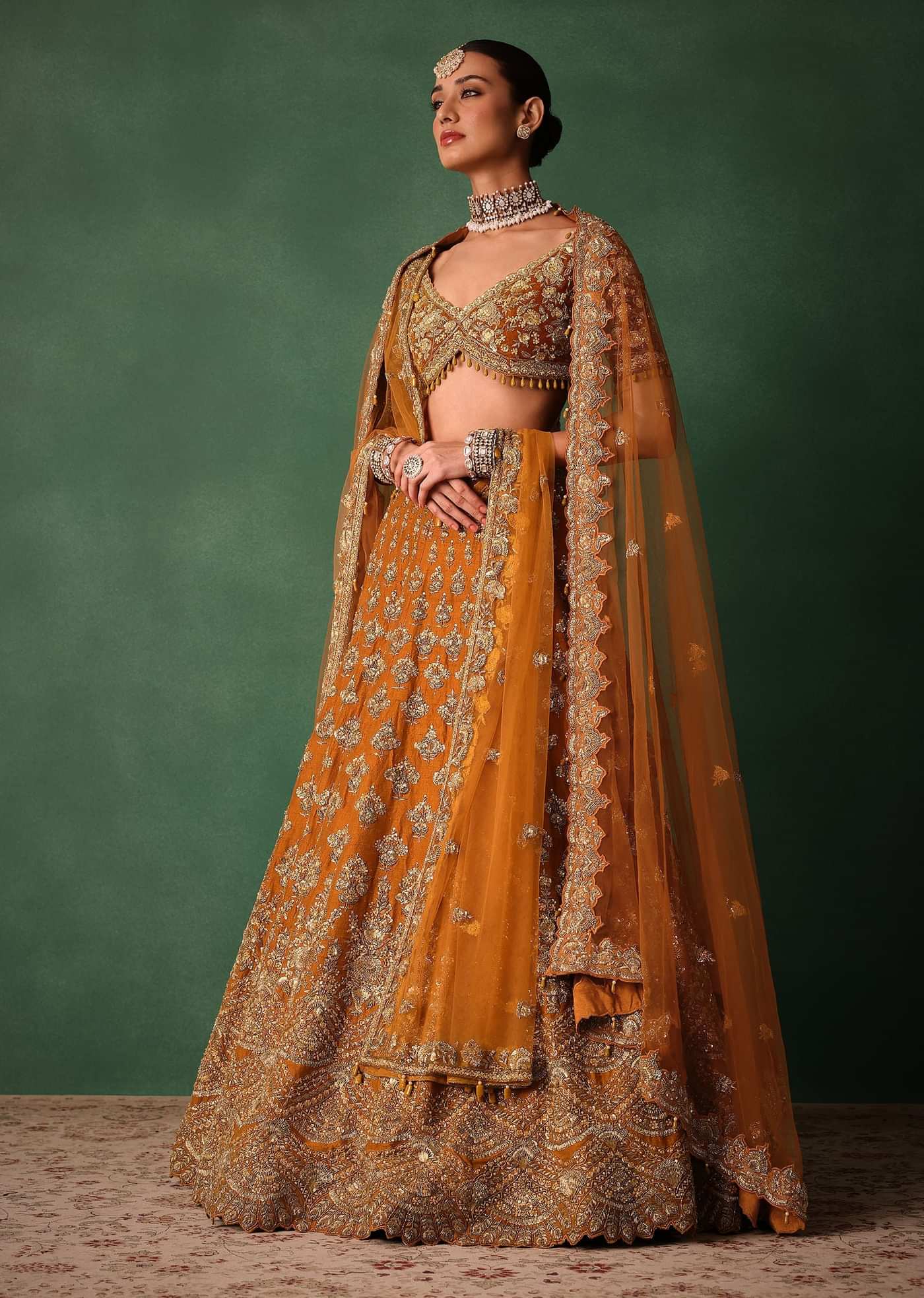 Rust Raw Silk Zardosi Embroidered Bridal Lehenga With Dupatta